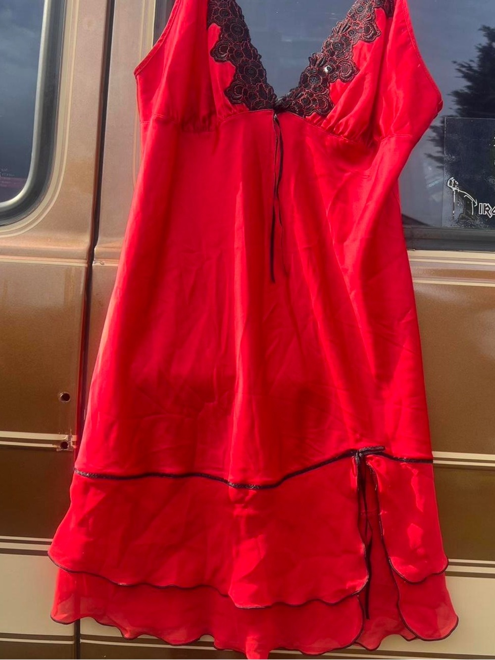 Red Babydoll Dress for Women - Black Lace Detail